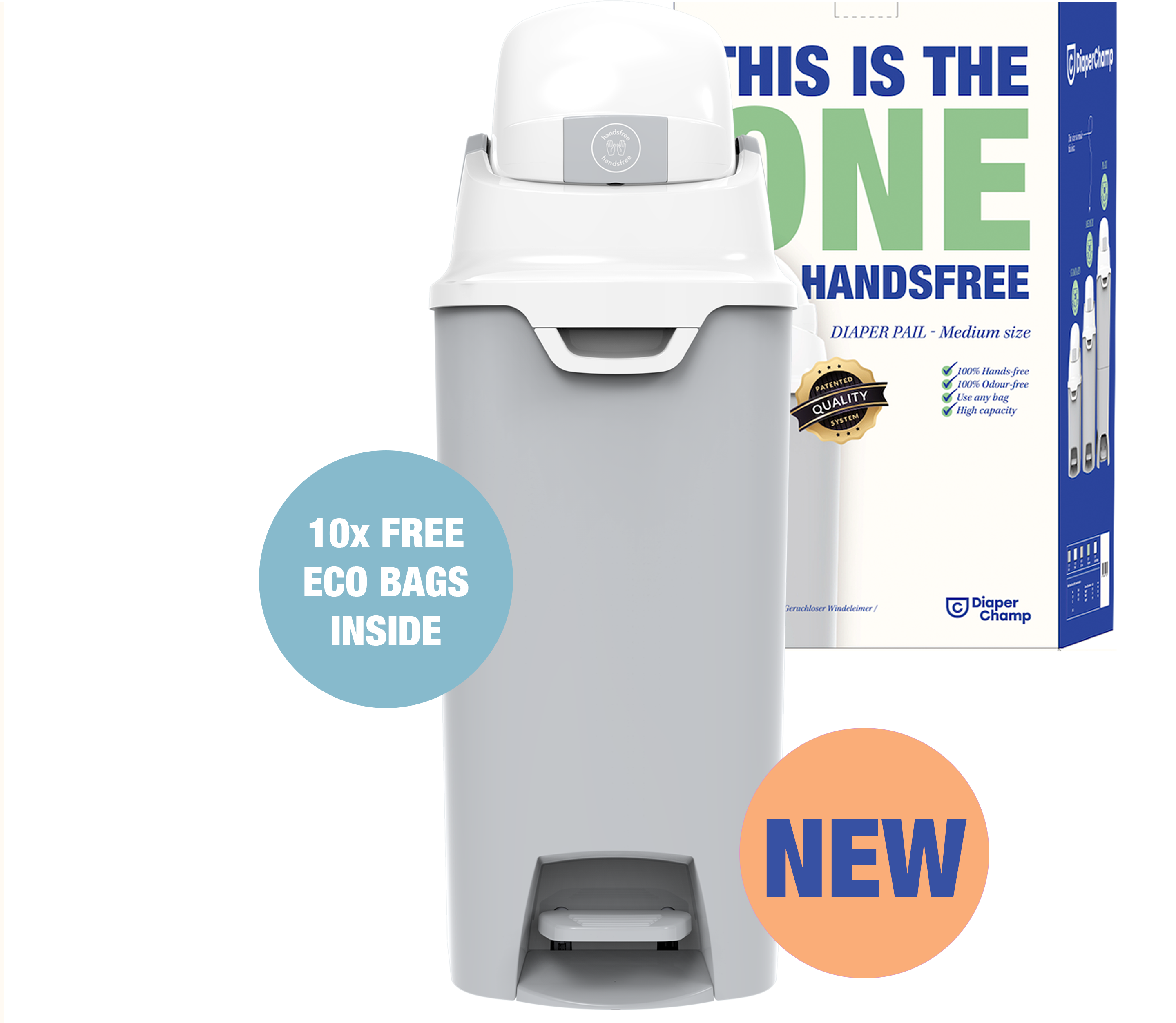 DiaperChamp ONE Handsfree Medium - Silver (incl. 10 gratis ECO-zakken)